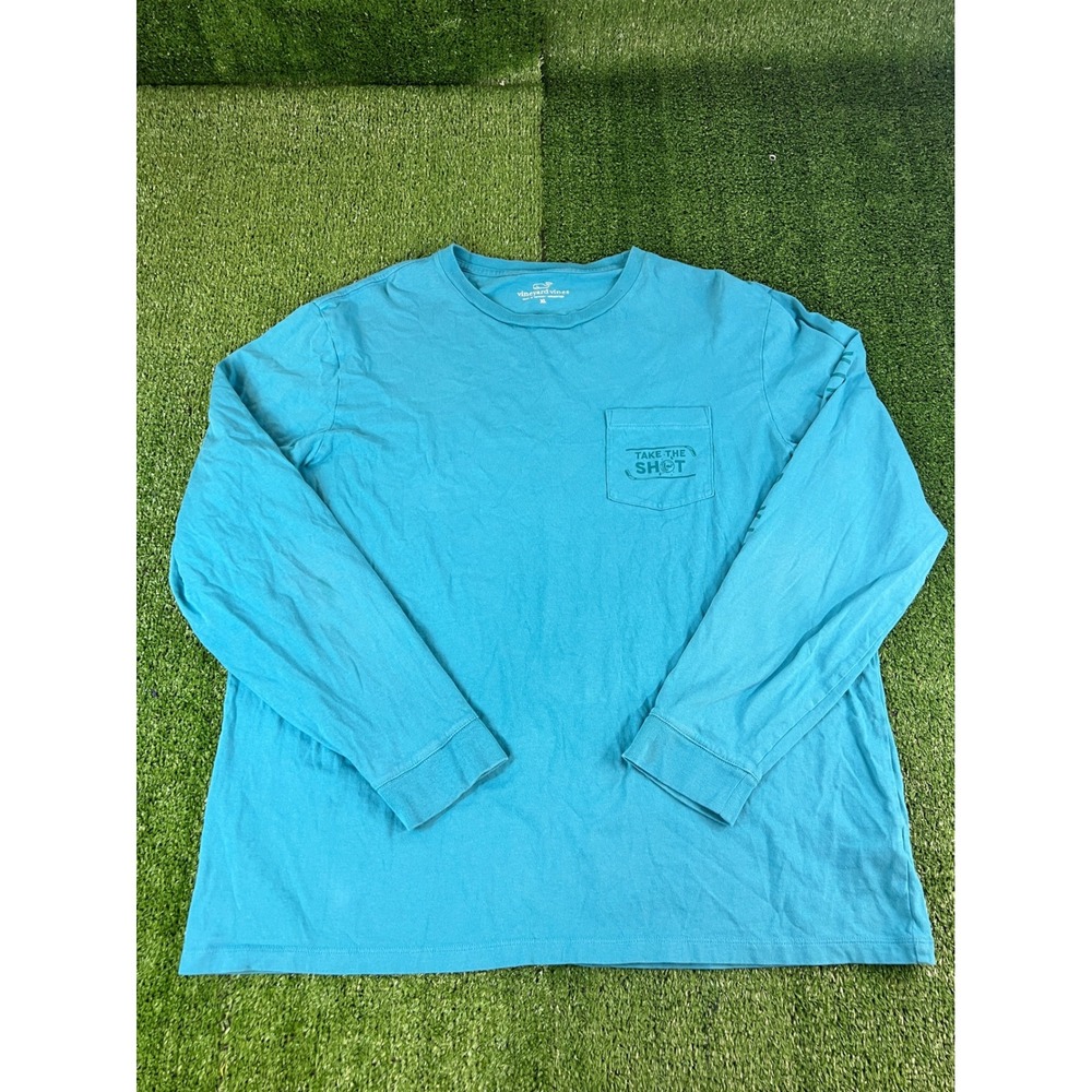 Vineyard Vines Mens XL Blue Long Sleeve Take The Shot Hockey Graphic Pocket Tee